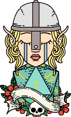 Retro Dövme Tarzı Ağlayan Elf Savaşçısı karakteri yüzü ve bir insan tarafından çizilmiş D20 rulosu.