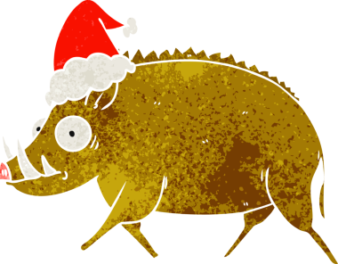 Bir insan tarafından çizilmiş Noel Baba şapkası takan bir yaban domuzu çizgi filmi.