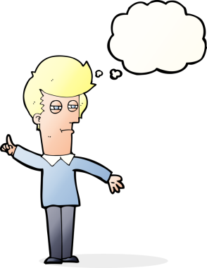 Bir insan tarafından çizilmiş düşünce baloncuğuyla gözlerini kısarak bakan çizgi film adamı.