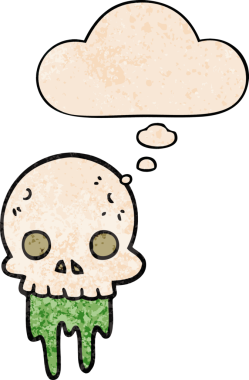 Bir insan tarafından çizilmiş grunge desenli düşünce baloncuğu olan tuhaf cadılar bayramı kafatası çizgi filmi.