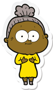 Bir insan tarafından çizilmiş mutlu yaşlı bir kadının çıkartması.