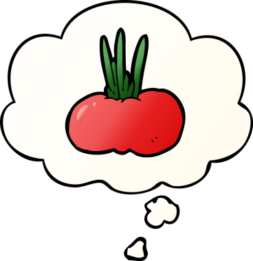 Düşünce baloncuğu olan karikatür sebzesi bir insan tarafından çizilmiş.