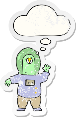 Karikatür uzay yaratığı. Düşünce baloncuğu insan tarafından çizilmiş yıpranmış bir çıkartma.