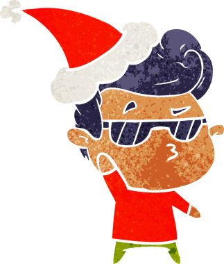 Bir insanın çizdiği Noel Baba şapkalı havalı bir adamın el çizimi karikatürü.