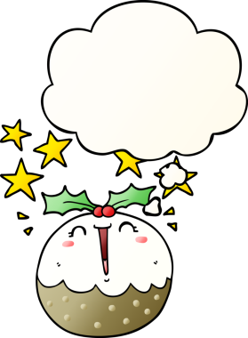 Tatlı çizgi film mutlu noel pudingi. Düşünce baloncuğu bir insan tarafından çizilmiş.