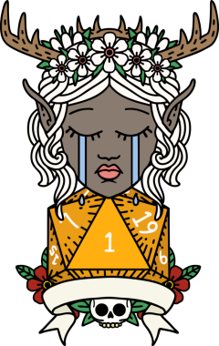 Retro Dövme Tarzı Üzgün Elf Karakteri Yüzü Doğal bir D20 ruloyla Bir insan tarafından çizilmiş