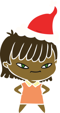 Bir insan tarafından çizilmiş Noel Baba şapkası takan bir kadının düz renkli çizimi.