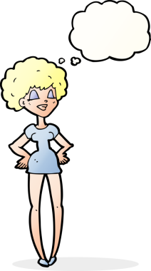 Bir insan tarafından çizilmiş düşünce balonlu ellerle mutlu bir kadın.