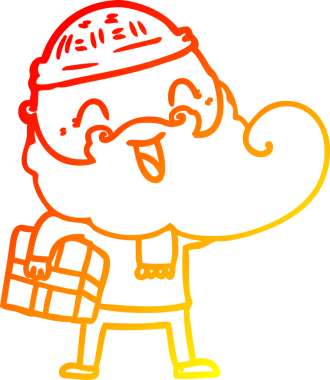 Bir insan tarafından çizilmiş Noel hediyesini tutan mutlu sakallı bir adamın sıcak çizgi çizimi.