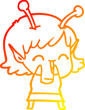 Bir insan tarafından çizilen gülen uzaylı bir kızın sıcak çizgi çizimi.