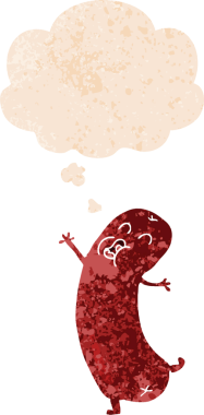 Düşünce baloncuğuyla dans eden çizgi film sosisi bir insan tarafından çizilmiş dertli retro stili.