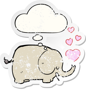 Sevgi dolu karikatür fili. Düşünce baloncuğu insan tarafından çizilmiş yıpranmış bir çıkartma.