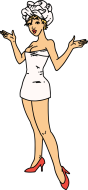 Bir insan tarafından çizilmiş havluları olan geleneksel bir poster kızı dövmesi.