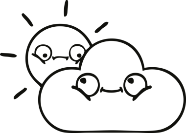 Bir insan tarafından çizilmiş fırtına bulutu ve güneş çizimleri.