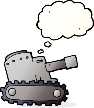 Bir insan tarafından çizilmiş düşünce baloncuklu ordu tankı.
