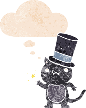 Düşünce baloncuklu silindir şapkalı çizgi film kedisi bir insan tarafından çizilmiş dertli retro stili.