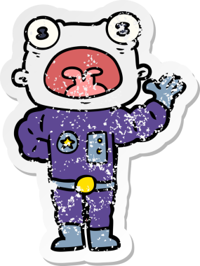 Bir insan tarafından çizilmiş garip bir uzaylı çizgi filminin sıkıntılı çıkartması.