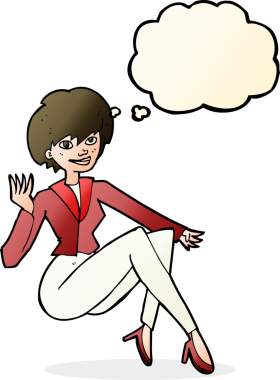 Bir insan tarafından çizilmiş düşünce balonuyla oturan bir iş kadını.