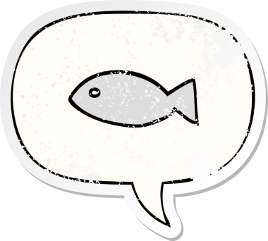 Konuşma baloncuğu olan çizgi film balığı sembolü bir insan tarafından çizilmiş sıkıntılı eski bir çıkartma.