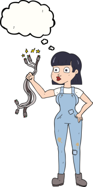 Bir insan tarafından çizilmiş serbest çizim balon karikatür kadın elektrikçi.