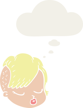 Düşünce baloncuğu olan bir kadın yüzü insan tarafından çizilmiş.