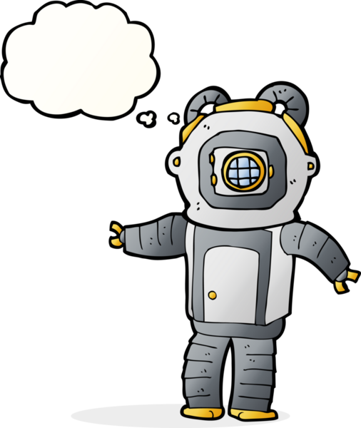 Bir insan tarafından çizilmiş düşünce balonlu derin deniz dalgıcı.