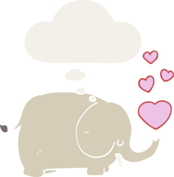 Sevgi dolu karikatür fili. Düşünce baloncuğu insan tarafından çizilmiş.