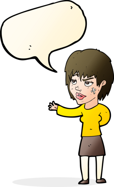 Bir insan tarafından çizilmiş konuşma baloncuğuyla yüzüne alçı yapıştıran karikatür kadın.