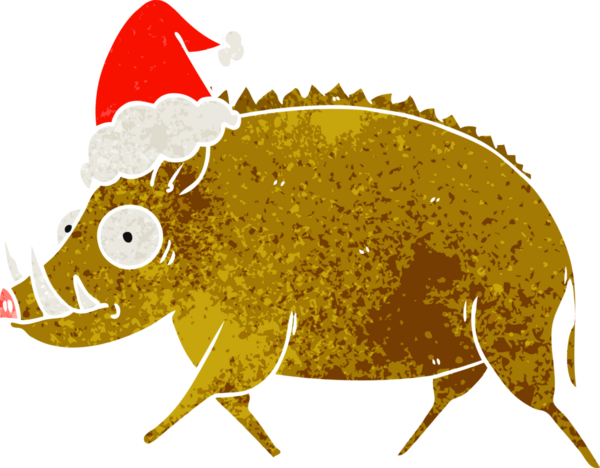 Bir insan tarafından çizilmiş Noel Baba şapkası takan bir yaban domuzu çizgi filmi.