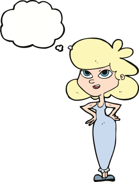 Bir insan tarafından çizilmiş düşünce baloncuğu olan elleri kalçasında çizgi film kızı.