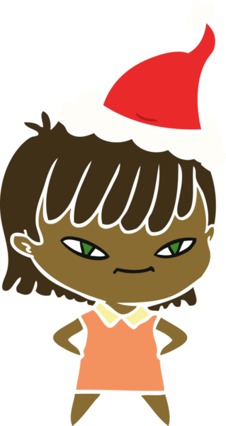 Bir insan tarafından çizilmiş Noel Baba şapkası takan bir kadının düz renkli çizimi.