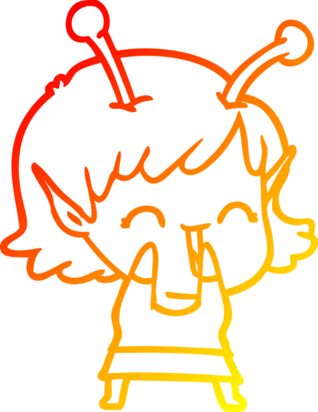 Bir insan tarafından çizilen gülen uzaylı bir kızın sıcak çizgi çizimi.