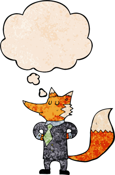 Bir insan tarafından çizilmiş grunge desenli düşünce balonu olan tilki çizgi film işadamı.