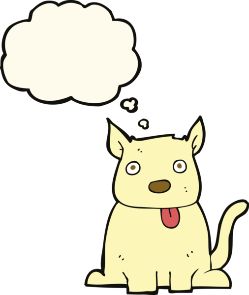 Bir insan tarafından çizilmiş düşünce baloncuğuyla dilini dışarı çıkaran çizgi film köpeği.