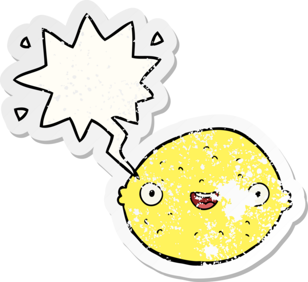 Konuşma baloncuğu olan karikatür limonu bir insan tarafından çizilmiş sıkıntılı eski bir çıkartma