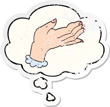 Düşünce baloncuklu karikatür el, bir insan tarafından çizilmiş yıpranmış bir çıkartma gibi.