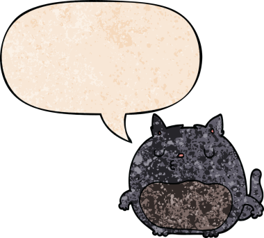 Konuşma baloncuğu olan çizgi film kedisi insan tarafından çizilmiş eski moda dokular.