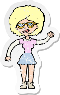 Bir insan tarafından çizilmiş gözlük takan bir kadın çizgi film çıkartması.