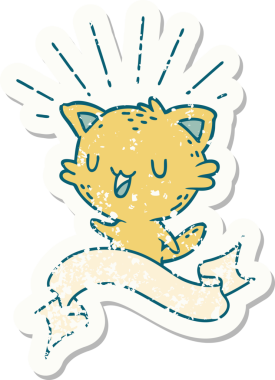 Bir insan tarafından çizilmiş eski bir dövme stili mutlu bir kedi.