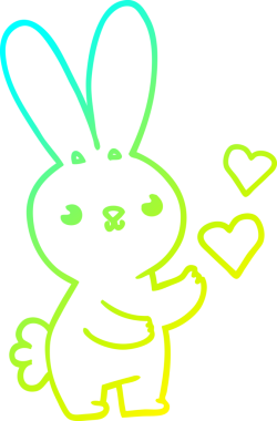 Bir insan tarafından çizilmiş aşk kalpleri olan sevimli bir tavşanın soğuk çizgi çizimi.