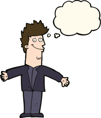 Bir insan tarafından çizilmiş düşünce baloncuğuyla kollarını açmış mutlu bir adam çizgi filmi.