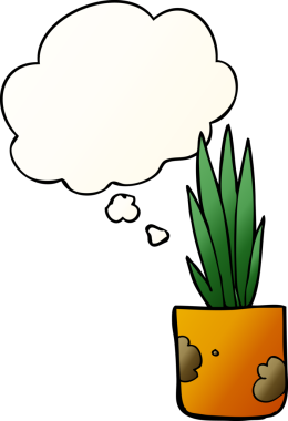 Düşünce baloncuklu karikatür evi bitkisi bir insan tarafından çizilmiş.
