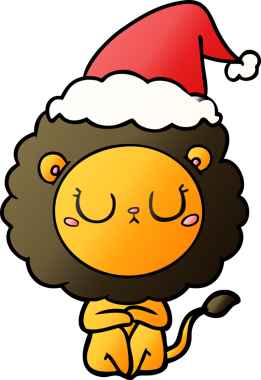 Bir insan tarafından çizilmiş Noel Baba şapkası giymiş bir aslanın el çizimi karikatürü.