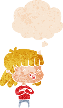 Düşünce baloncuğu ve grunge ile dilinden sarkan karikatür kızı bir insan tarafından çizilmiş dertli retro tarzı