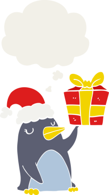 Karikatür pengueni. İçinde insan tarafından çizilmiş düşünce kabarcığı olan bir penguen.