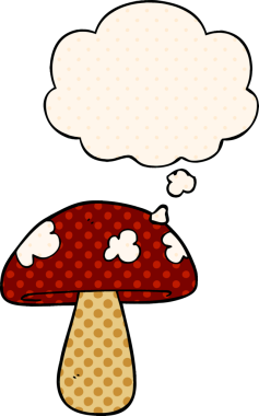 Çizgi roman tarzında bir insan tarafından çizilmiş düşünce baloncuklu mantar.
