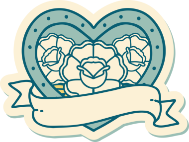 Geleneksel kalp stili dövme çıkartması ve bir insan tarafından çizilmiş çiçekli pankart.