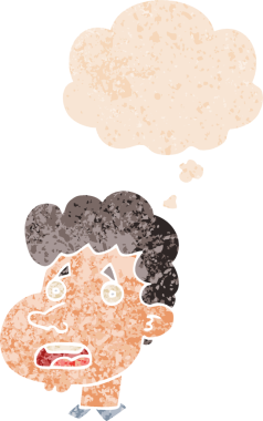 Düşünce baloncuklu karikatür şoke adam grunge sıkıntılı retro dokuma bir insan tarafından çizilmiş