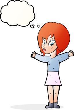 Bir insan tarafından çizilmiş düşünce balonlu açık kollu çizgi film kadını.