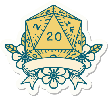 Bir insan tarafından çizilmiş 20 kritik vuruşluk D20 zar etiketi.